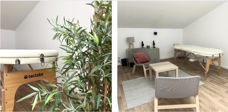 deux photos qui montre le grand cabinet du centre les yogis. Il y a une table de massage, deux sièges avec une petite table et une plante